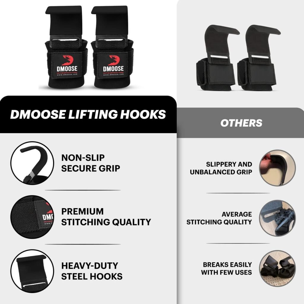 DMoose Weight Lifting Hooks (Pair), Hand Grip Support Wrist Straps for Men and Women, 8 mm Thick Padded Neoprene, Deadlift, Powerlifting, Pull up bar, Liftups, Shrugs