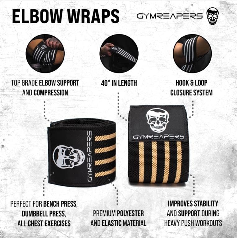 Gymreapers Weightlifting Elbow Wraps (1 Pair) - Flexible 40 Elbow Compression Strap  Joint Support Brace - for Bench Press, Powerlifting, and Pressing (Tan)