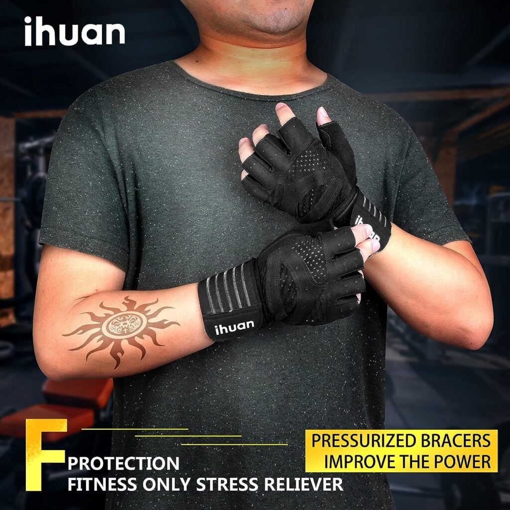 ihuan Ventilated Weight Lifting Gym Workout Gloves with Wrist Wrap Support for Men  Women, Full Palm Protection, for Weightlifting, Training, Fitness, Hanging, Pull ups