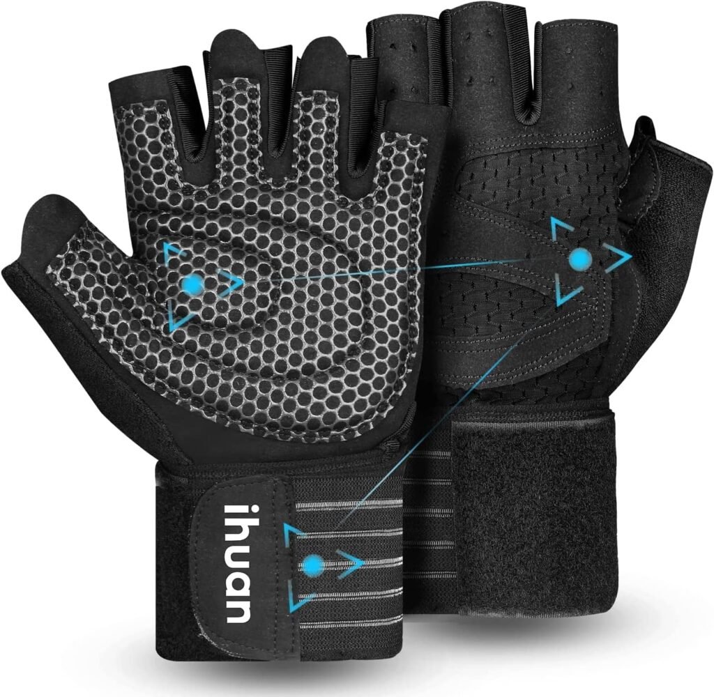 ihuan Ventilated Weight Lifting Gym Workout Gloves with Wrist Wrap Support for Men  Women, Full Palm Protection, for Weightlifting, Training, Fitness, Hanging, Pull ups