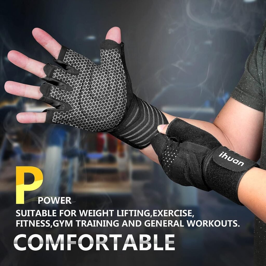 ihuan Ventilated Weight Lifting Gym Workout Gloves with Wrist Wrap Support for Men  Women, Full Palm Protection, for Weightlifting, Training, Fitness, Hanging, Pull ups