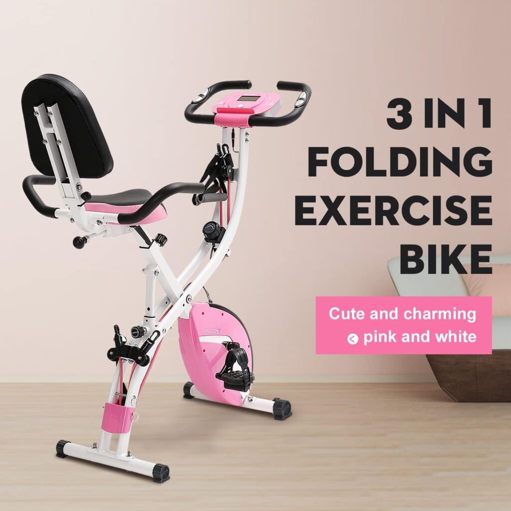 PLENY Folding Exercise Stationary Bike | 3-in-1 Foldable Indoor Cycling Exercise Bike | Magnetic Upright Workout Bike with Arm Exercise Resistance Bands and for Home Gym