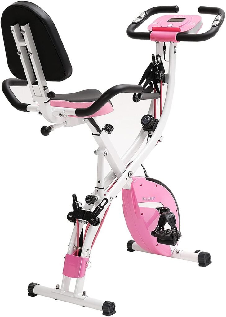 PLENY Folding Exercise Stationary Bike | 3-in-1 Foldable Indoor Cycling Exercise Bike | Magnetic Upright Workout Bike with Arm Exercise Resistance Bands and for Home Gym