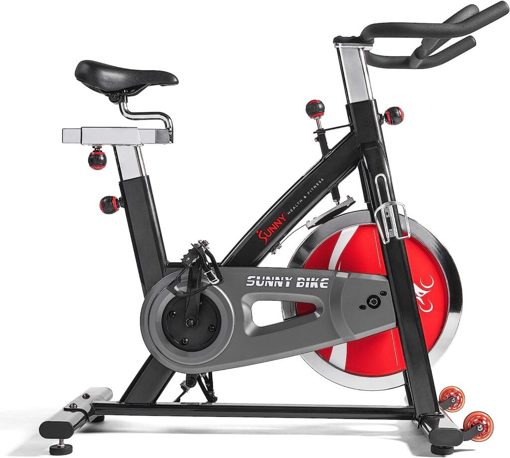 Sunny Health  Fitness Indoor Cycling Exercise Bike with Heavy-Duty 49 LB Chrome Flywheel, Stationary Bike with Customizable Comfort with 275 LBS. Max Weight