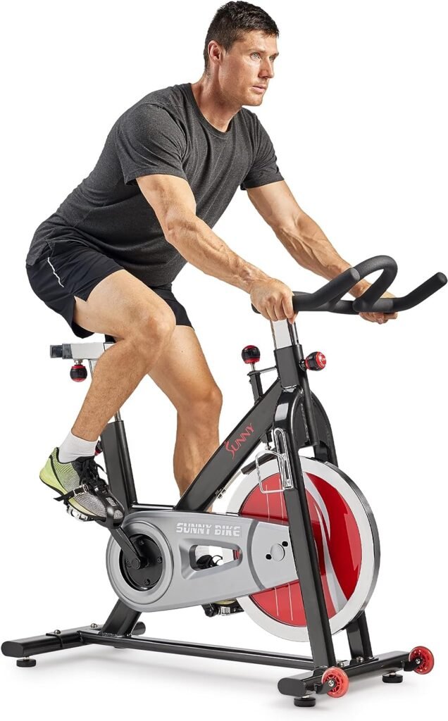 Sunny Health  Fitness Indoor Cycling Exercise Bike with Heavy-Duty 49 LB Chrome Flywheel, Stationary Bike with Customizable Comfort with 275 LBS. Max Weight