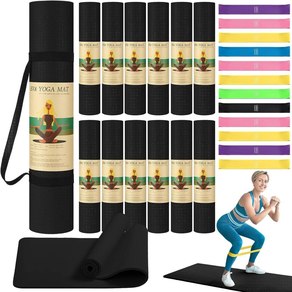 36 Pack Yoga Mats Exercise Bands Carrying Straps Set, Yoga Mats Bulk, 68 x 24 Inch, 6mm Thick Exercise Mat Non Slip Fitness Mat for Gym Workout Stretching for Women Kids Adults