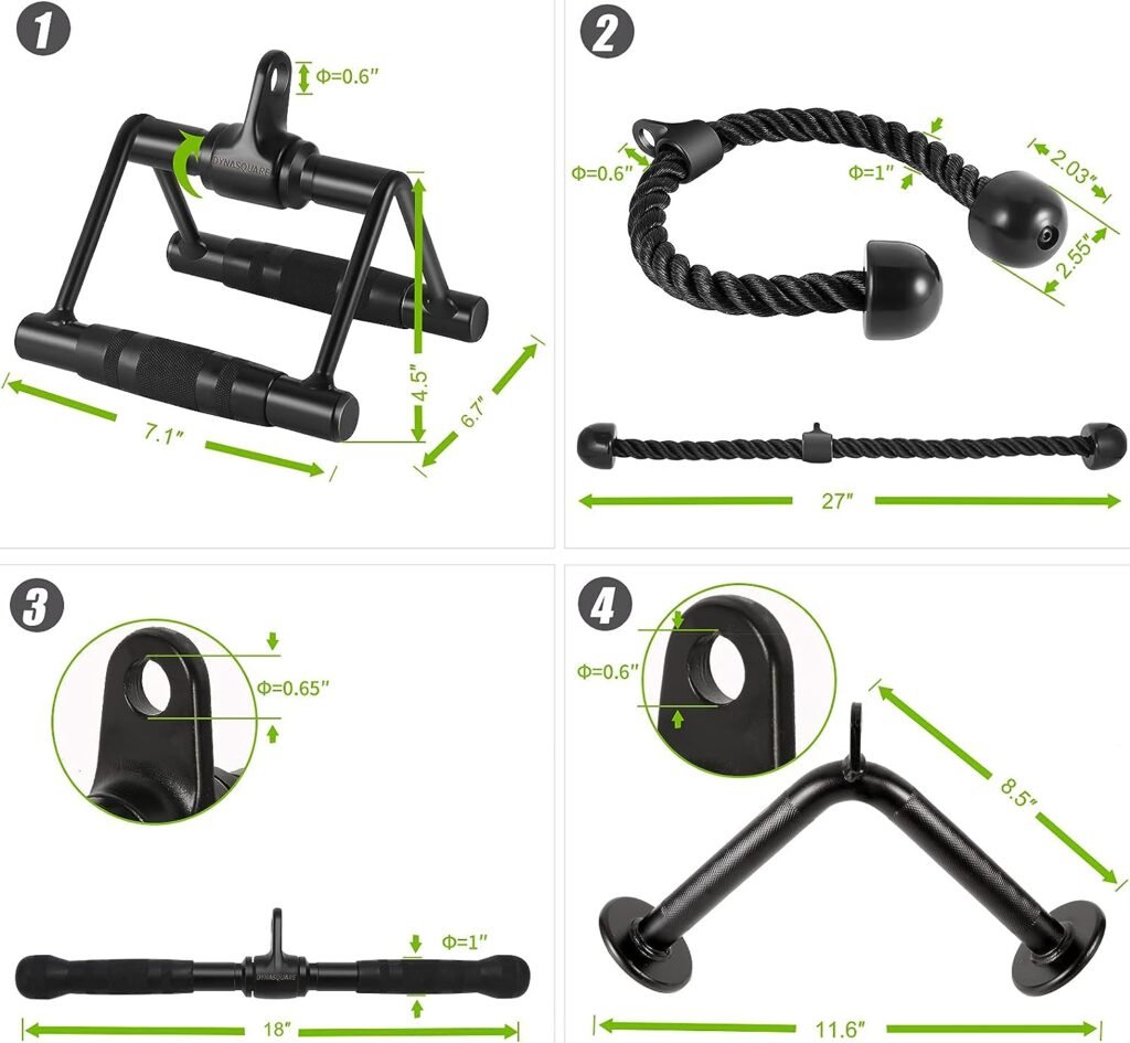 DYNASQUARE Pro Cable Attachments for Home Gym, LAT Pulldown Equipment, Weight Machine Accessories, Straight Pull Down Bar, V-Shaped Press Down Bar, Tricep Rope, Exercise  Double D Handle