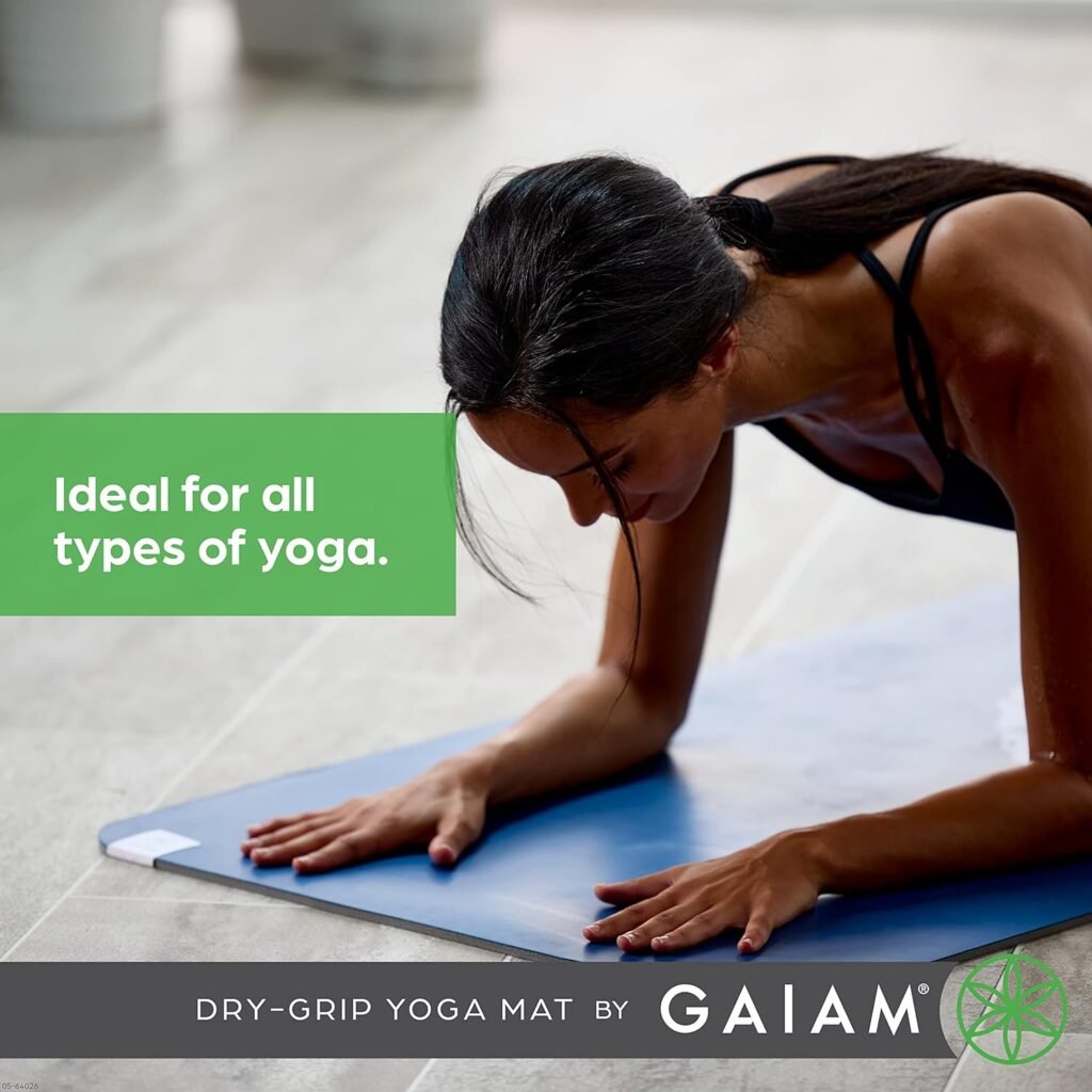 Gaiam Dry-Grip Yoga Mat - 5mm Thick Non-Slip Exercise  Fitness Mat for Standard or Hot Yoga, Pilates and Floor Workouts - Cushioned Support, Non-Slip Coat - 68 x 24 Inches