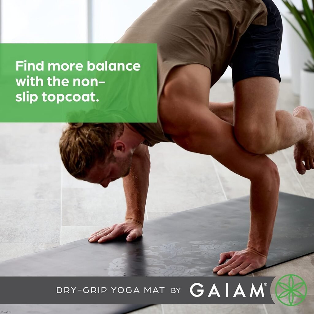 Gaiam Dry-Grip Yoga Mat - 5mm Thick Non-Slip Exercise  Fitness Mat for Standard or Hot Yoga, Pilates and Floor Workouts - Cushioned Support, Non-Slip Coat - 68 x 24 Inches