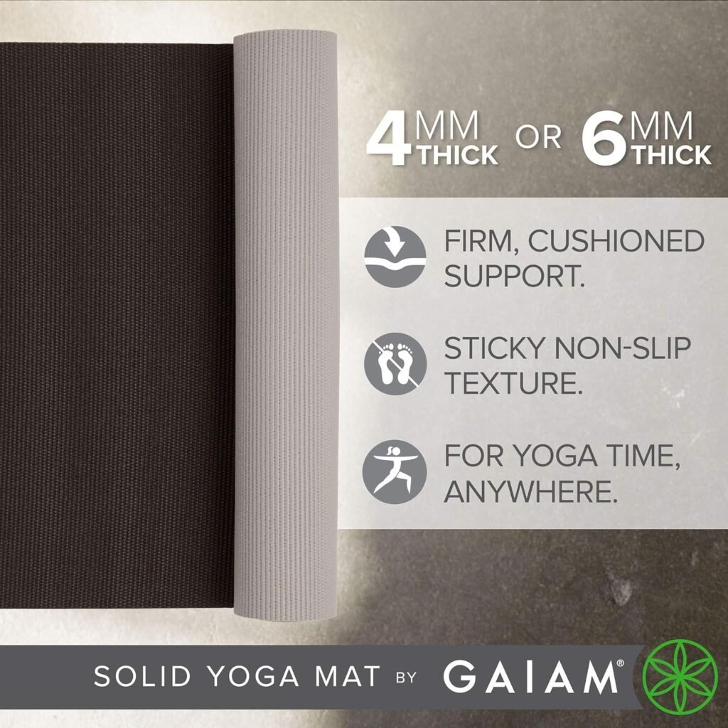 Gaiam Solid Color Yoga Mat, Non Slip Exercise  Fitness Mat for All Types of Yoga, Pilates  Floor Exercises