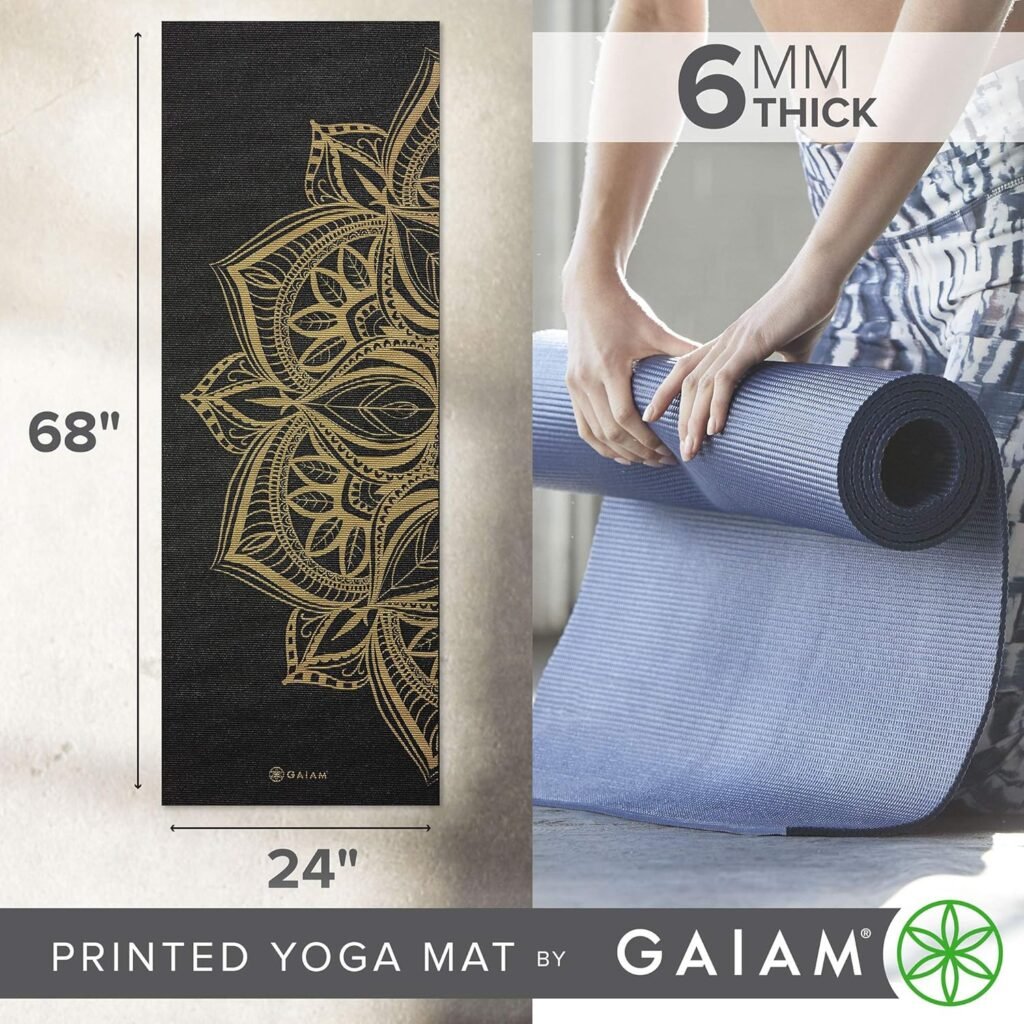 Gaiam Yoga Mat - Premium 6mm Print Extra Thick Non Slip Exercise  Fitness Mat for All Types of Yoga, Pilates  Floor Workouts (68L x 24W x 6mm Thick)