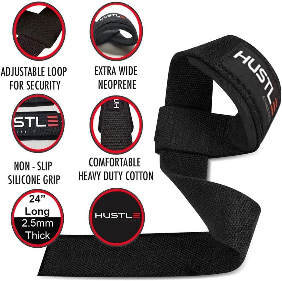 Hustle Lifting Straps Gym Wrist Wraps - 24 Strong Cotton Weightlifting Wrist Straps to Support Grip and Lift Heavier - Ultimate Workout Deadlift Straps for Weight Lifting