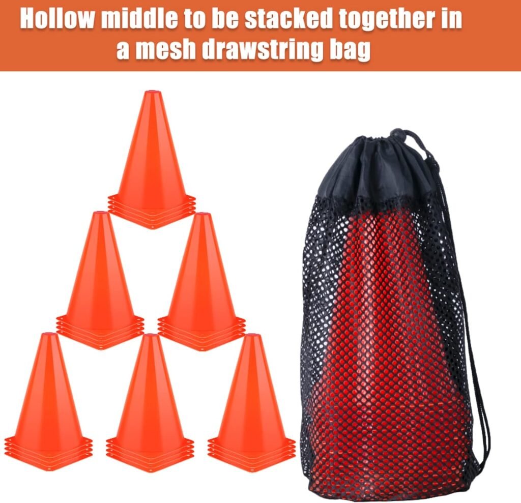 7 Inch Cones Sports, 24 Pack Orange Soccer Cones Agility Field Marker Plastic Traffic Training Cones for Basketball Football Skating Drills Practice - Indoor and Outdoor Festive Events Obstacle Course