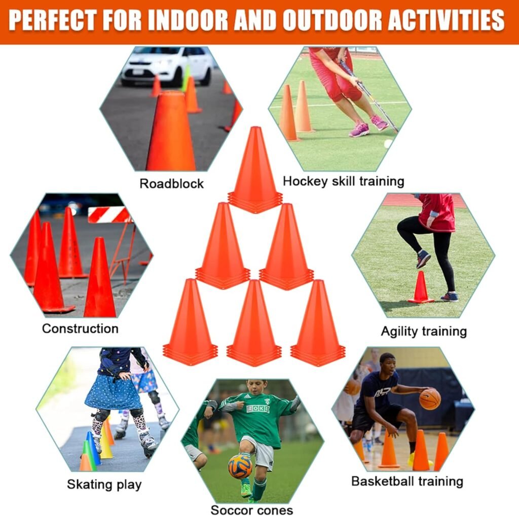 7 Inch Cones Sports, 24 Pack Orange Soccer Cones Agility Field Marker Plastic Traffic Training Cones for Basketball Football Skating Drills Practice - Indoor and Outdoor Festive Events Obstacle Course