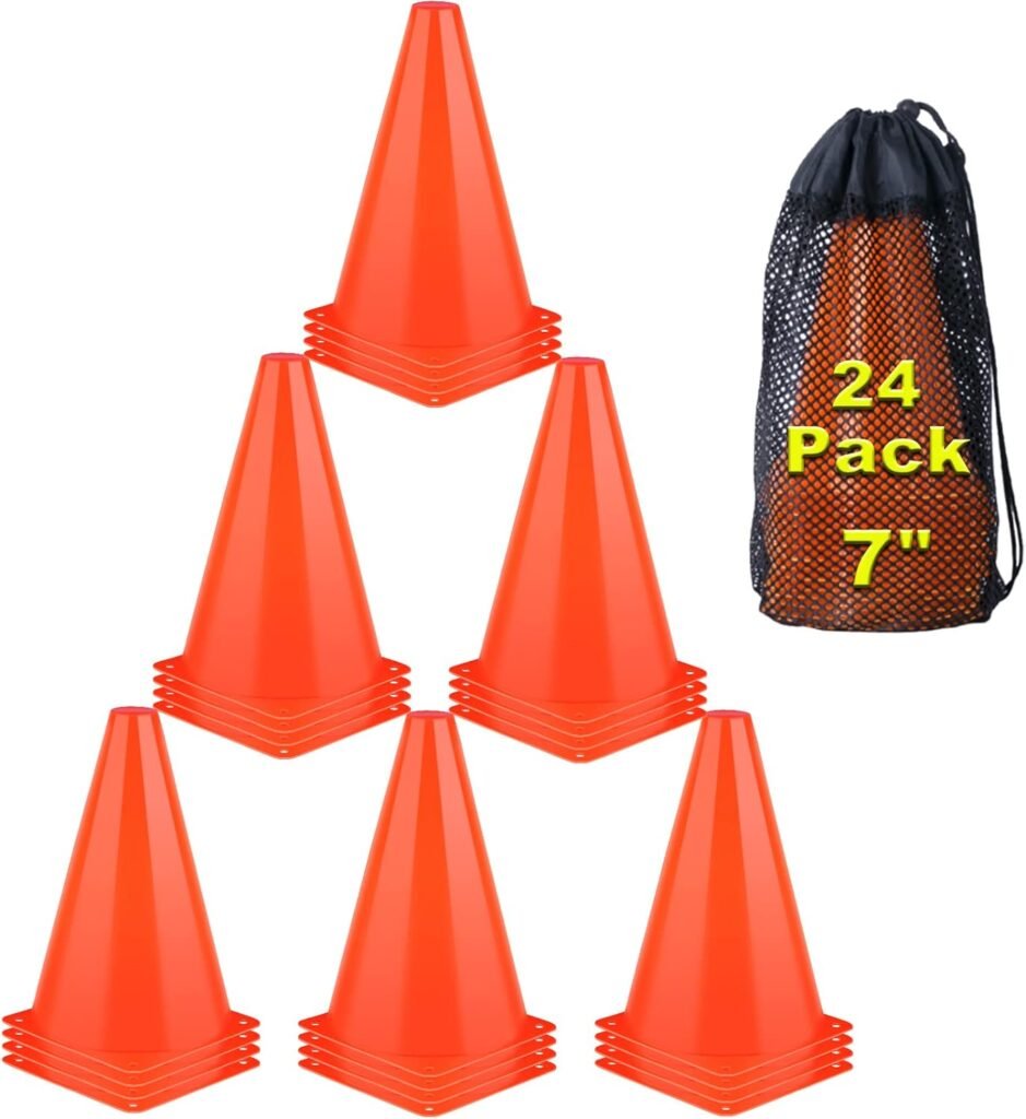 7 Inch Cones Sports, 24 Pack Orange Soccer Cones Agility Field Marker Plastic Traffic Training Cones for Basketball Football Skating Drills Practice - Indoor and Outdoor Festive Events Obstacle Course