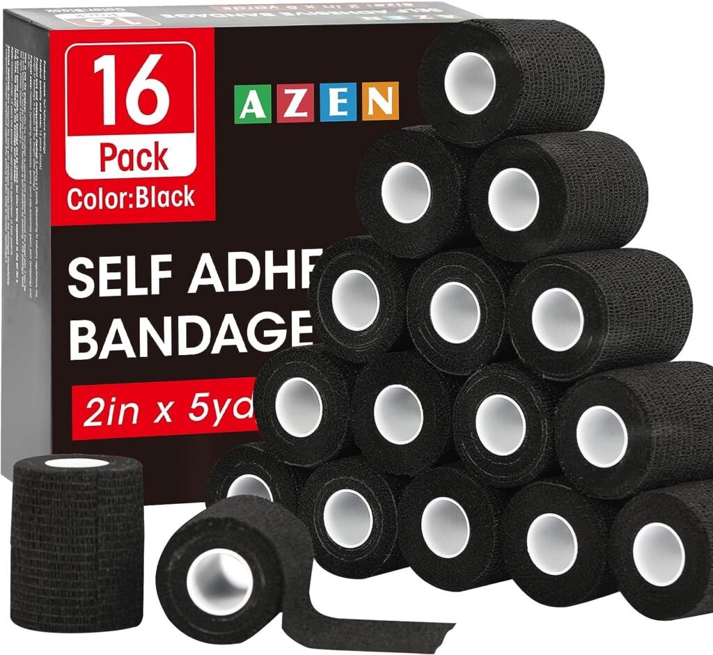 AZEN 16 Pack Self Adhesive Bandage Wrap Black, 2 X 5 Yards Black Athletic Tape, Vet Wrap, Tattoo Grip Tape Wrap，Ankle Tape, Cohesive Bandage Wrap