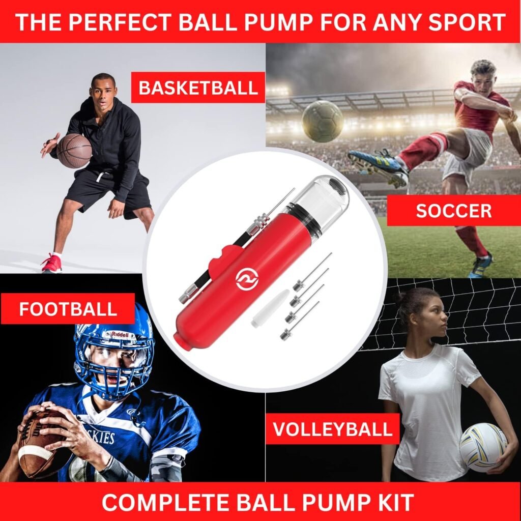 Ball Pump for Sports Balls - 5 Needles - Basketball Pump, Soccer Ball Pump - Air Pump for Balls, Volleyball, Football Accessories Equipment - Hand Pump for Inflatables - Never Lose Pin with Holder