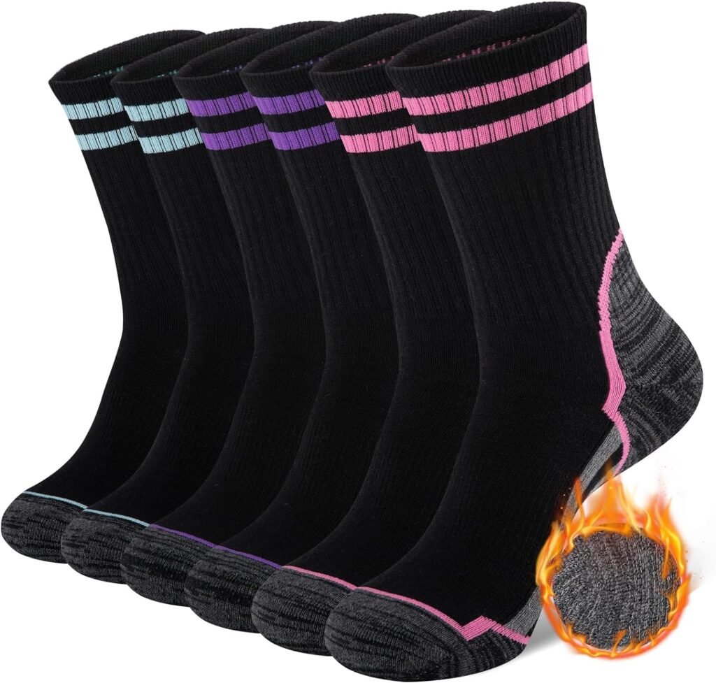 COOPLUS Womens Merino Wool Outdoor Hiking Crew Socks Warm Thermal Winter Thick Cushion Moisture Wicking Work Socks (3 Pairs)