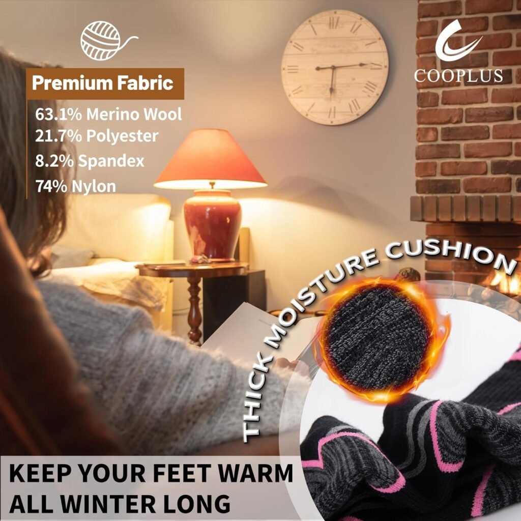 COOPLUS Womens Merino Wool Outdoor Hiking Crew Socks Warm Thermal Winter Thick Cushion Moisture Wicking Work Socks (3 Pairs)