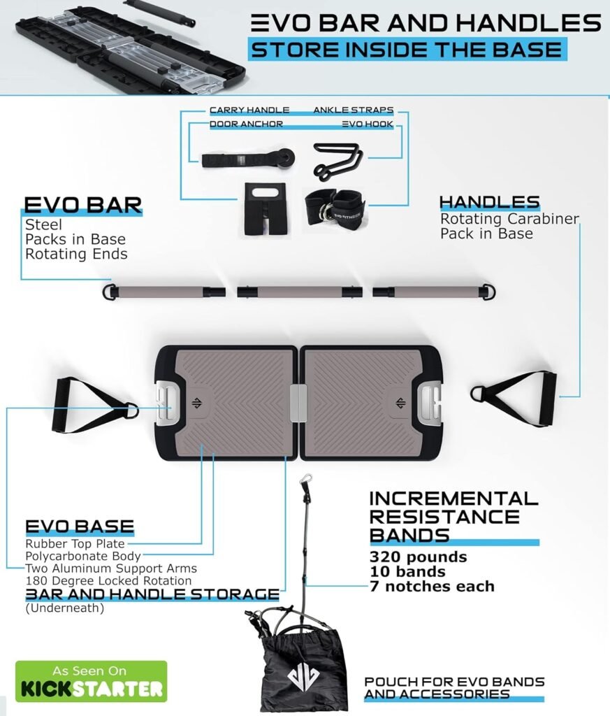 EVO Gym - Portable Home Gym Strength Training Equipment, at Home Gym | All in One Gym - Resistance Bands, Base Holds Gym Bar  Handles for Travel | Portable Gym  Home Exercise Equipment