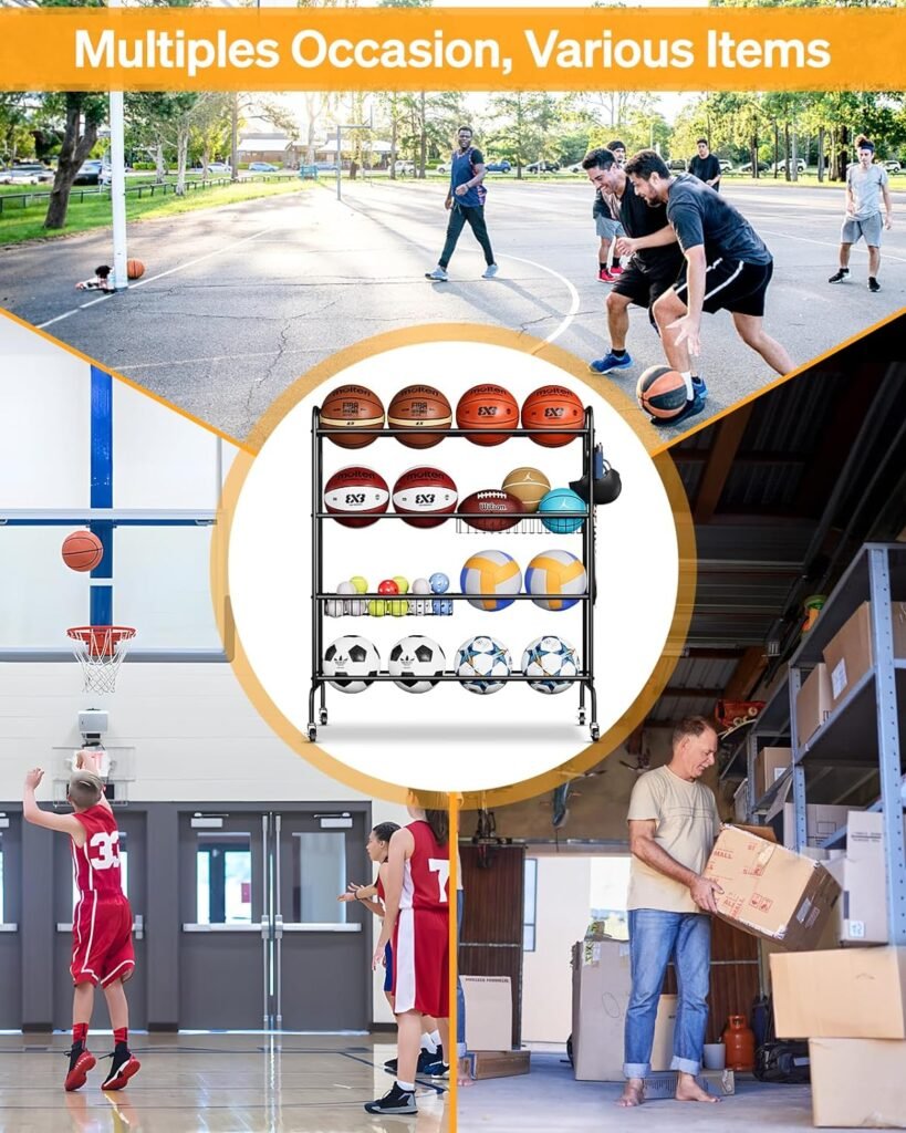 EXTCCT Basketball Rack, Rolling Basketball Shooting Training Stand,Sports Equipment Storage with Wheels, Four-Layer Organizer Holder with Two Basket for Basketballs Footballs Volleyball