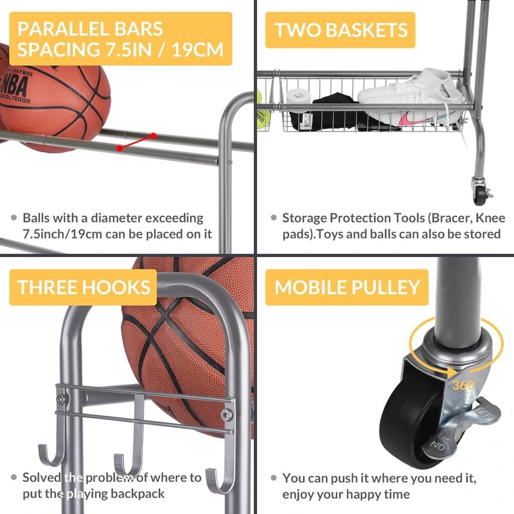 EXTCCT Basketball Rack, Rolling Basketball Shooting Training Stand,Sports Equipment Storage with Wheels, Four-Layer Organizer Holder with Two Basket for Basketballs Footballs Volleyball