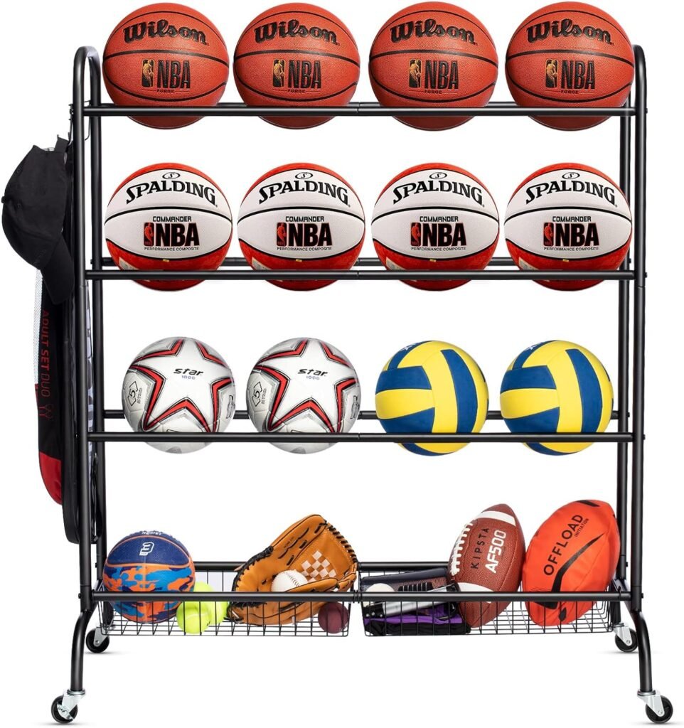 EXTCCT Basketball Rack, Rolling Basketball Shooting Training Stand,Sports Equipment Storage with Wheels, Four-Layer Organizer Holder with Two Basket for Basketballs Footballs Volleyball