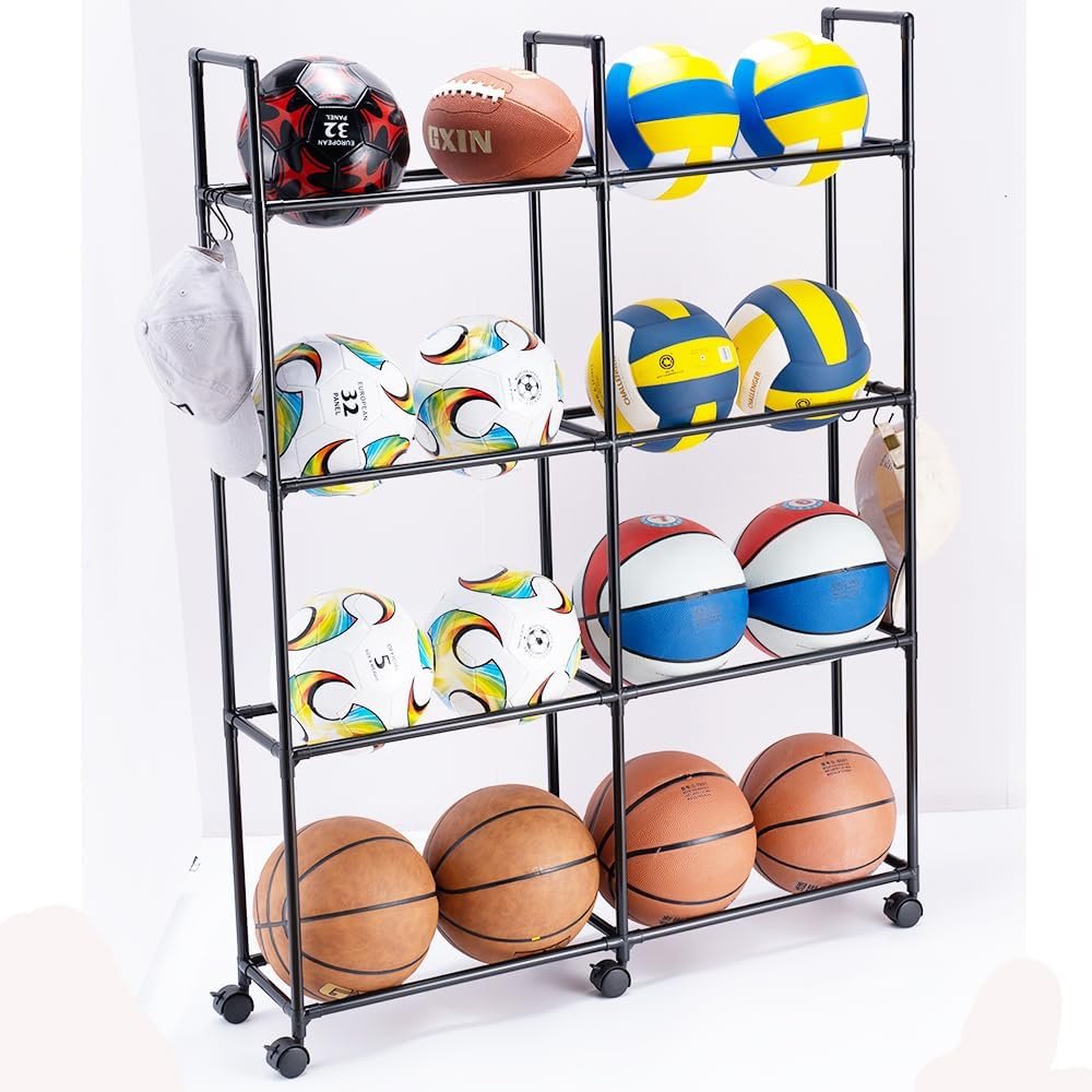 FDSDEFEN Basketball Rack, Garage Ball Storage Stand Ball Rack Rolling Balls Organizer with Wheels Sports Outdoor Volleyball Soccer Football Garage Organizer Basketball Accessories (2/4-Layer) : Sports  Outdoors