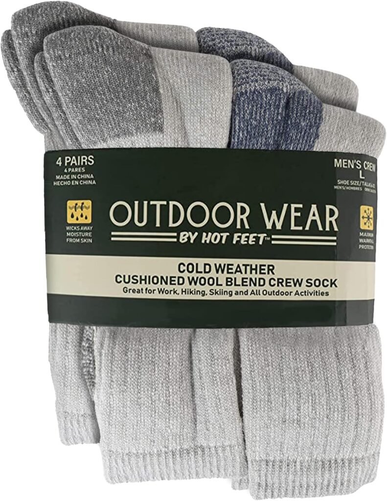 HOT FEET 4 Pack Mens Womens Socks - Active Work Socks and Outdoors Hiking Socks, Cushioned and Thermal Worm Wool Blend