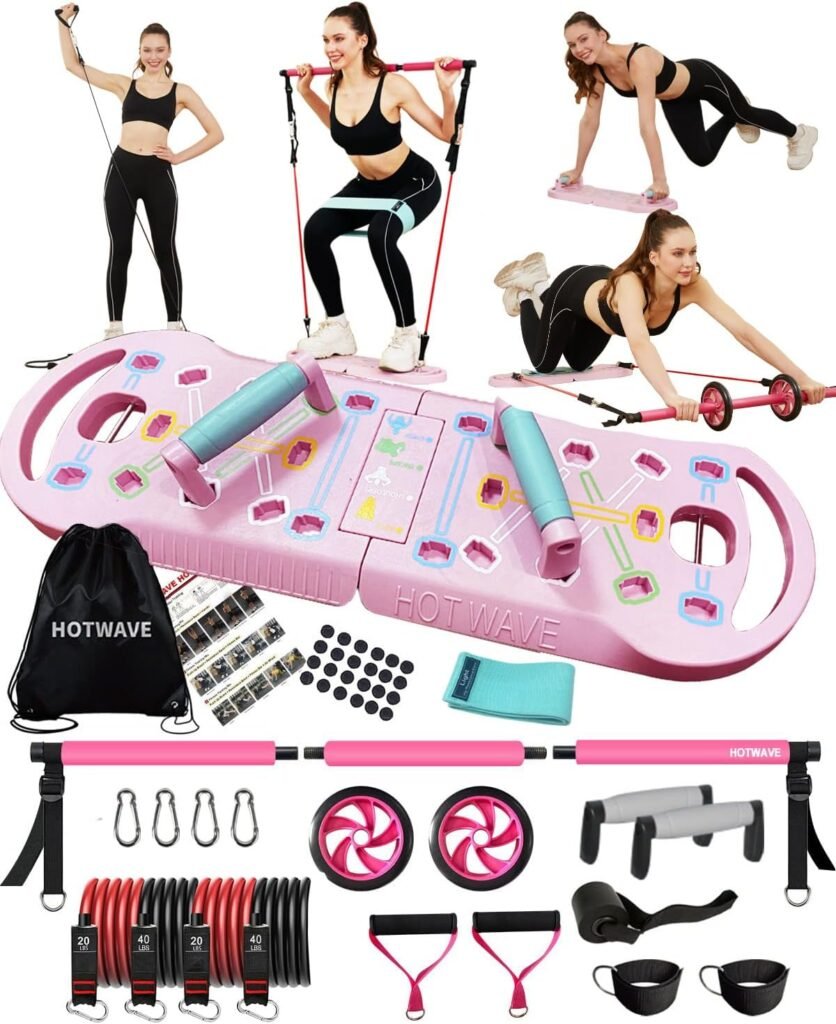 HOTWAVE Portable Home Gym with 16 Fitness Accessories,Push Up Board with Resistance Bands,Ab Roller Wheel,Pilates Bar Workout Squats,Pink Strength Training Equipment for Women