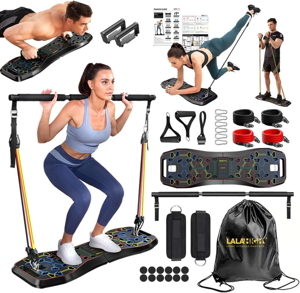 LALAHIGH Portable Exercise Equipment with 22 Gym Accessories, 25 in 1 Push Up Board Fitness,Pushup Board Work from Home Fitness with Resistance Bands, Ab Roller Wheel,Full Body Workout at Home for Men and Women