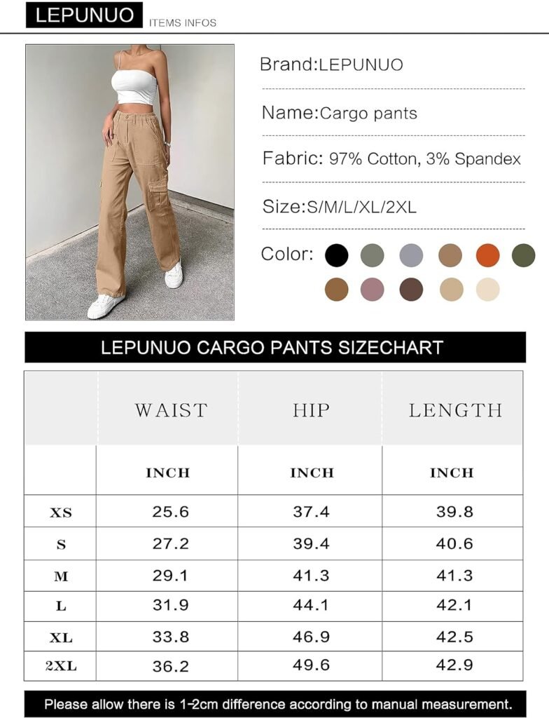 Lepunuo Cargo Pants for Women High Waisted Casual Pants Baggy Stretchy Wide Leg Y2K Streetwear with 6 Pockets