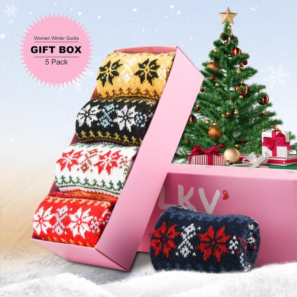 LKV Womens Winter Socks Gift Box Free Size Thick Wool Socks Soft Warm Casual Socks for Women Socks Christmas Socks 5 Pairs