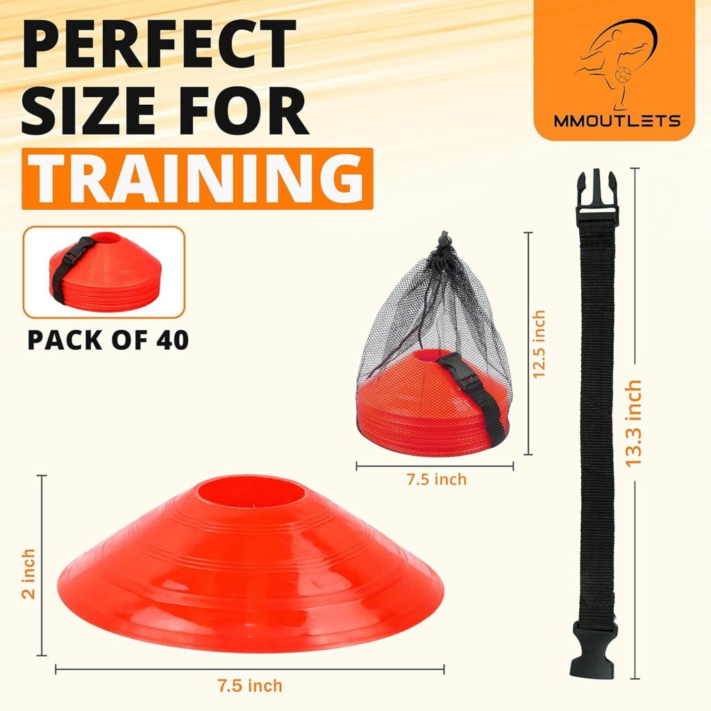 MMOutlets Soccer Cones for Drills with Mesh Bag  Strap-Flexible, Heavy-Duty Sports Cones for Soccer Practice, Basketball, Fitness Training- Agility Cone Sports for Indoor  Outdoor Games