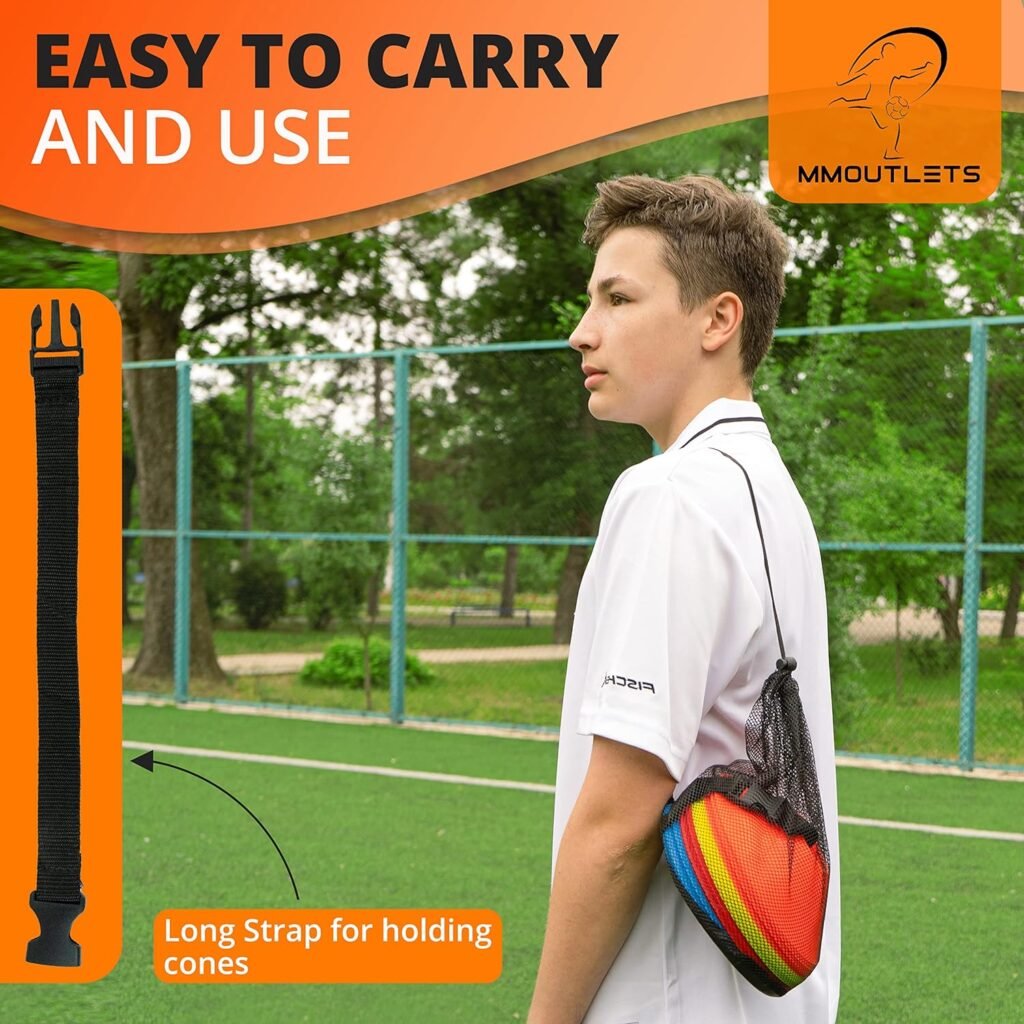 MMOutlets Soccer Cones for Drills with Mesh Bag  Strap-Flexible, Heavy-Duty Sports Cones for Soccer Practice, Basketball, Fitness Training- Agility Cone Sports for Indoor  Outdoor Games