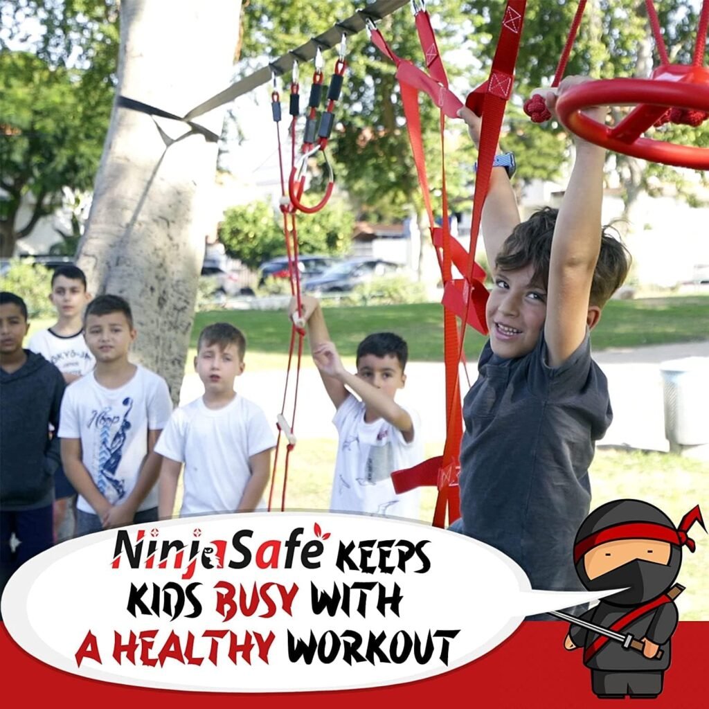 Ninja Obstacle Course for Kids Backyard - 10 Durable Obstacles and 50 Slackline - Outdoor Playset Equipment for Girls  Boys with Climbing Net