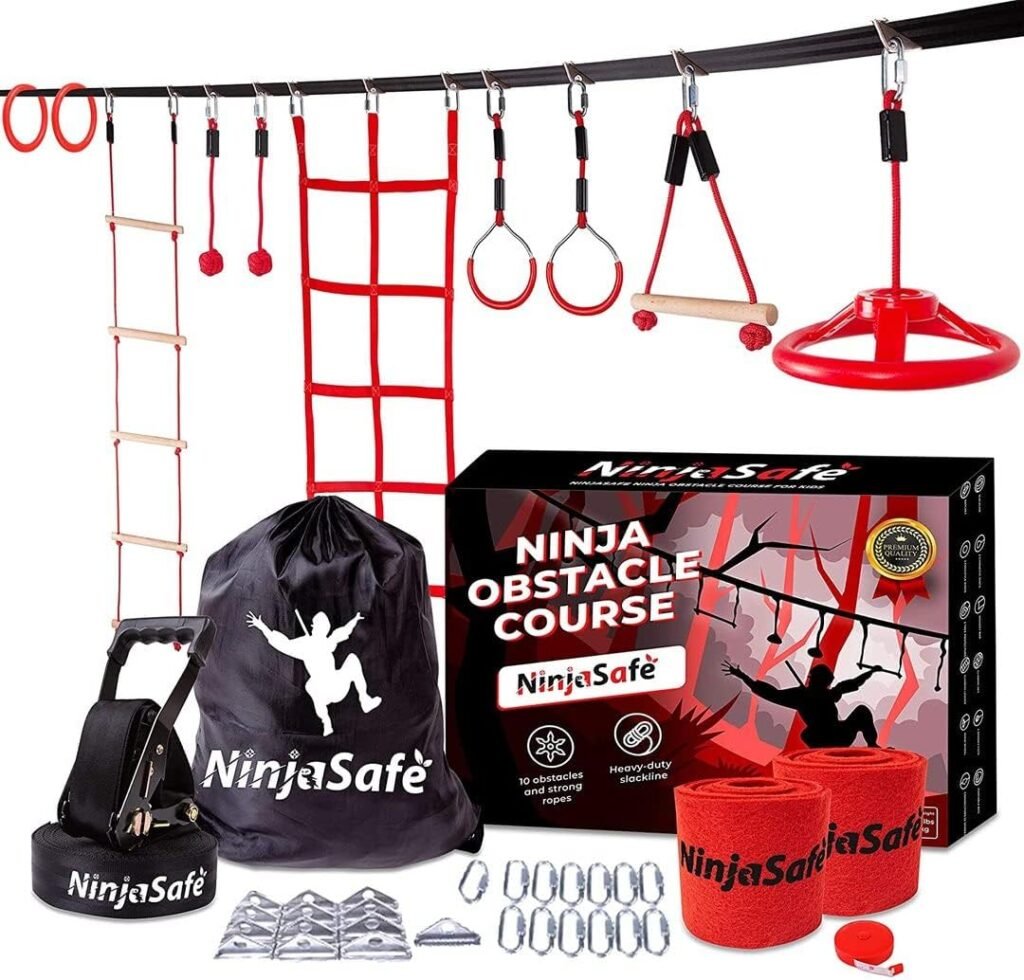 Ninja Obstacle Course for Kids Backyard - 10 Durable Obstacles and 50 Slackline - Outdoor Playset Equipment for Girls  Boys with Climbing Net