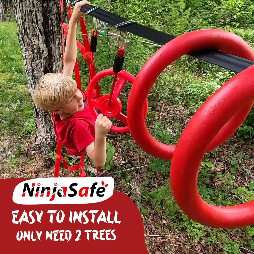 Ninja Obstacle Course for Kids Backyard - 10 Durable Obstacles and 50 Slackline - Outdoor Playset Equipment for Girls  Boys with Climbing Net