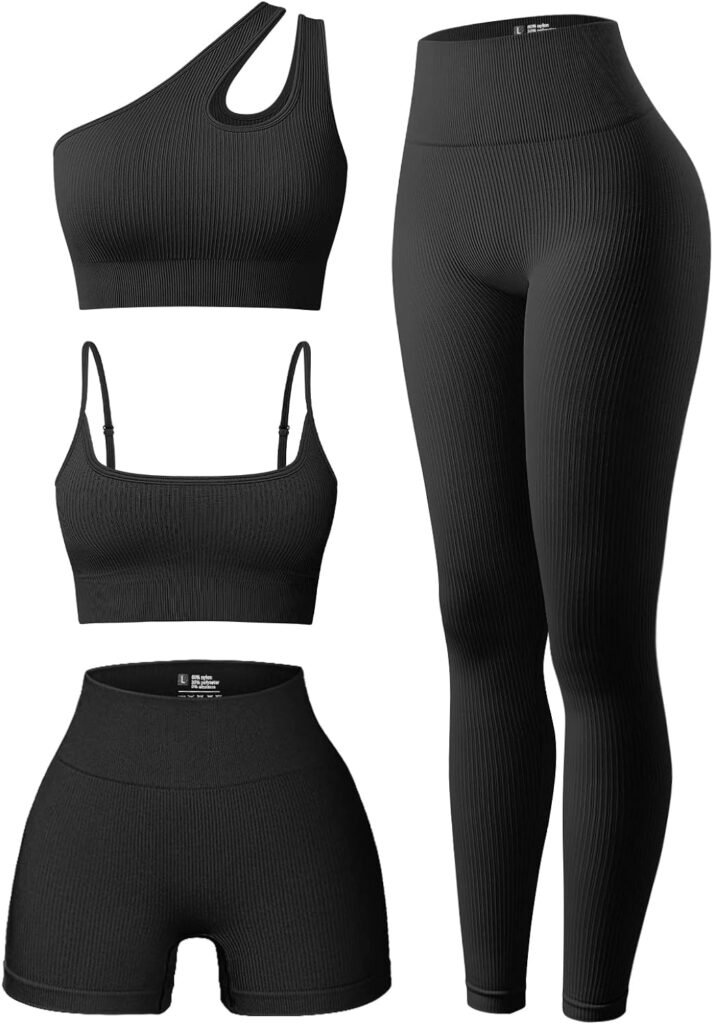 OQQ Womens 4 Piece Outfits Ribbed Exercise Scoop Neck Sports Bra One Shoulder Tops High Waist Shorts Leggings Active Set