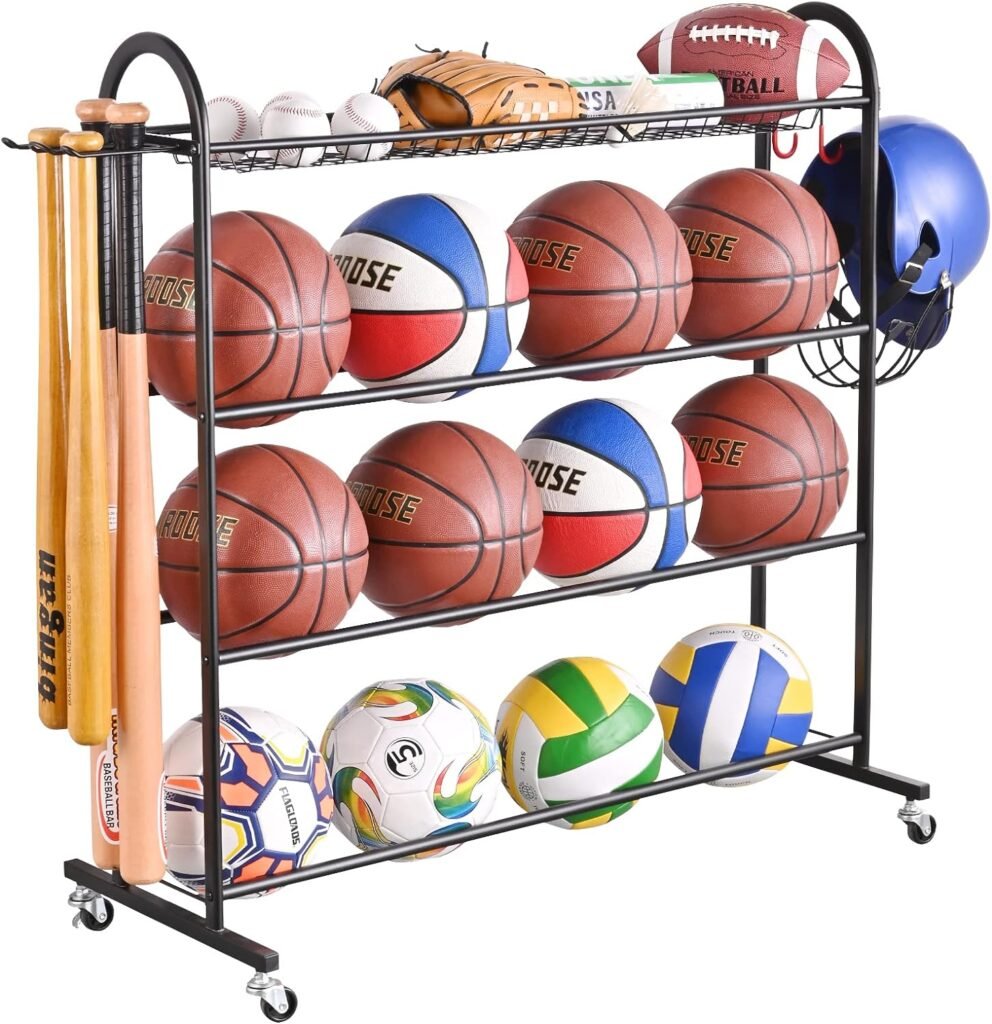 PLKOW Basketball Rack, Rolling Ball Storage with Baseball Bat Holder and Hooks, Sports Equipment Storage with Wheels for Volleyball, Football and Basketball Accessories, Powder Coated Steel