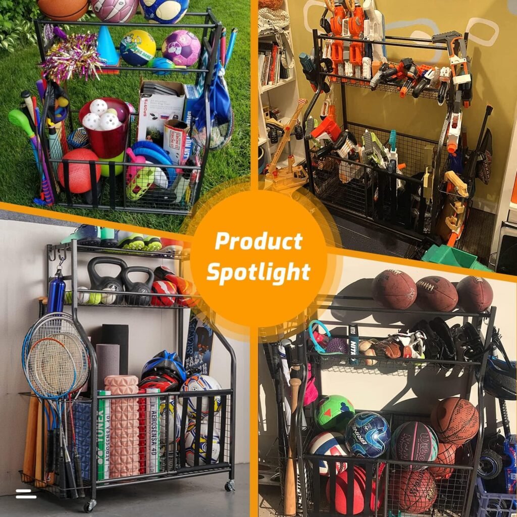 PLKOW Sports Equipment Storage for Garage, Indoor/Outdoor Sports Rack for Garage, Ball Storage Garage Organizer with Basket and Hooks, Toy/Sports Gear Storage