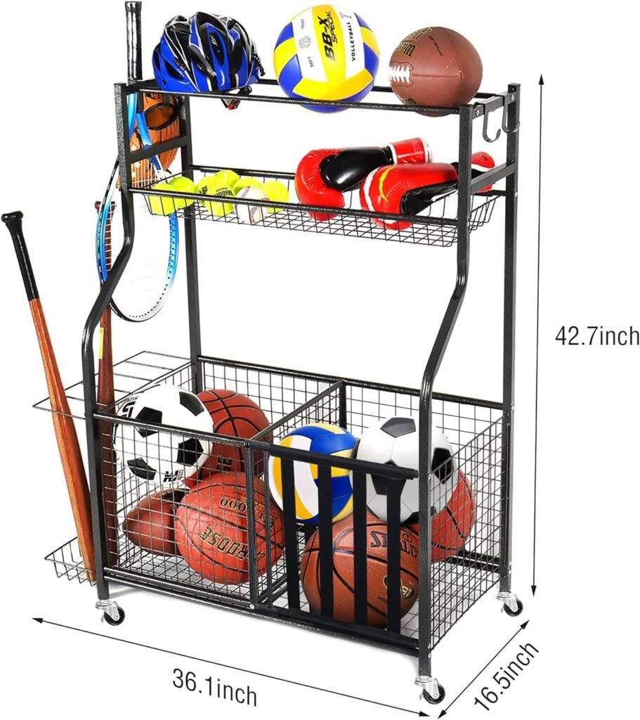 PLKOW Sports Equipment Storage for Garage, Indoor/Outdoor Sports Rack for Garage, Ball Storage Garage Organizer with Basket and Hooks, Toy/Sports Gear Storage