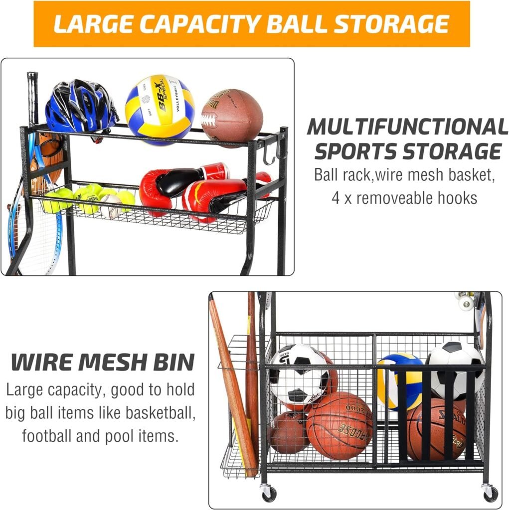 PLKOW Sports Equipment Storage for Garage, Indoor/Outdoor Sports Rack for Garage, Ball Storage Garage Organizer with Basket and Hooks, Toy/Sports Gear Storage