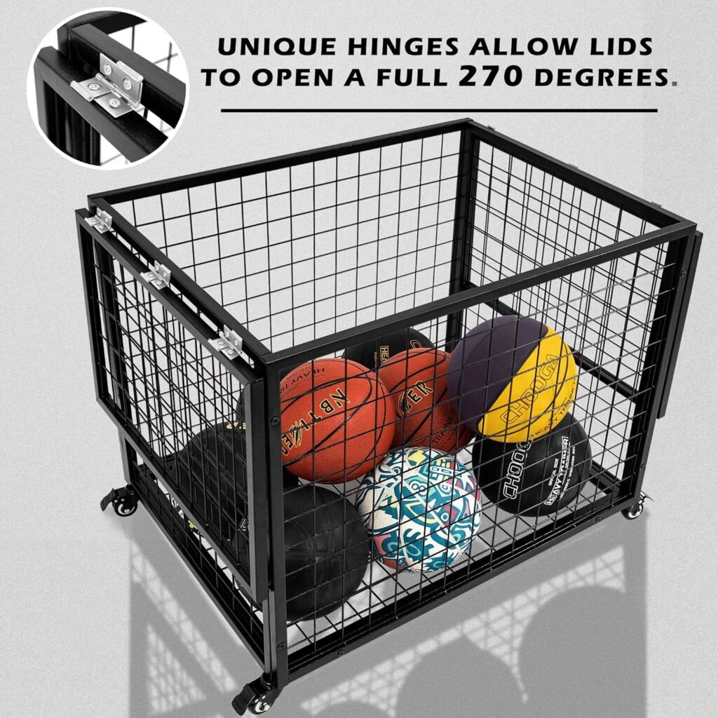 rehomerance Ball Cart Garage Sports Equipment Organizer with Lockable Lid, Basketball Storage Bin for Indoor Outdoor, Rolling Exercise Ball Cart Holder for Gym, School, Club