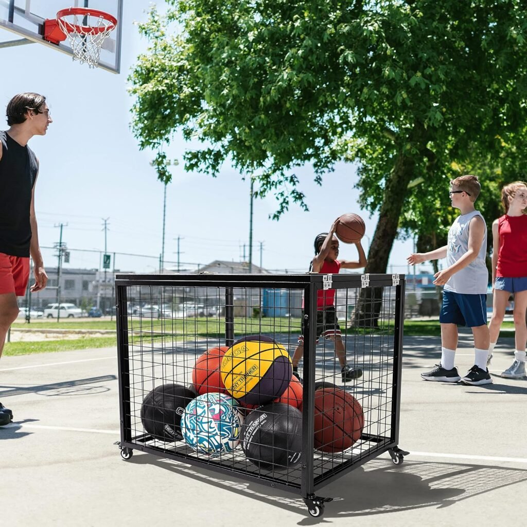 rehomerance Ball Cart Garage Sports Equipment Organizer with Lockable Lid, Basketball Storage Bin for Indoor Outdoor, Rolling Exercise Ball Cart Holder for Gym, School, Club