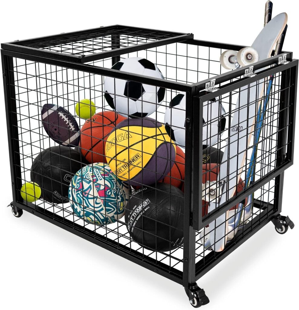 rehomerance Ball Cart Garage Sports Equipment Organizer with Lockable Lid, Basketball Storage Bin for Indoor Outdoor, Rolling Exercise Ball Cart Holder for Gym, School, Club