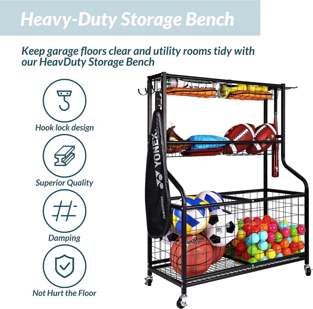 Signature Fitness Garage Sports Equipment Organizer, Garage Ball Storage, Sports Gear Storage, Garage Organizer with Baskets and Hooks, Rolling Sports Ball Storage Cart, Black, Steel, Multiple Styles