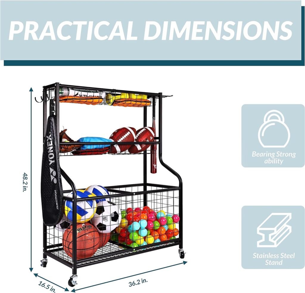 Signature Fitness Garage Sports Equipment Organizer, Garage Ball Storage, Sports Gear Storage, Garage Organizer with Baskets and Hooks, Rolling Sports Ball Storage Cart, Black, Steel, Multiple Styles