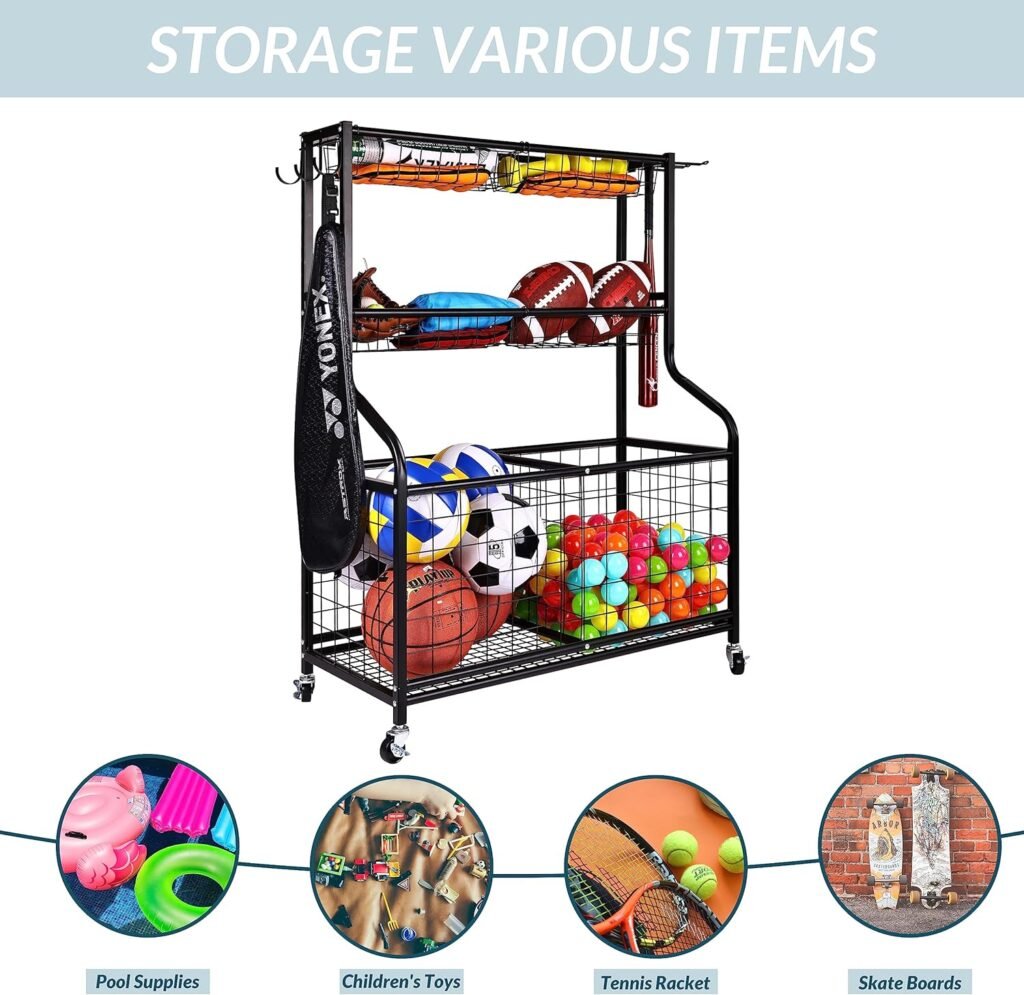 Signature Fitness Garage Sports Equipment Organizer, Garage Ball Storage, Sports Gear Storage, Garage Organizer with Baskets and Hooks, Rolling Sports Ball Storage Cart, Black, Steel, Multiple Styles