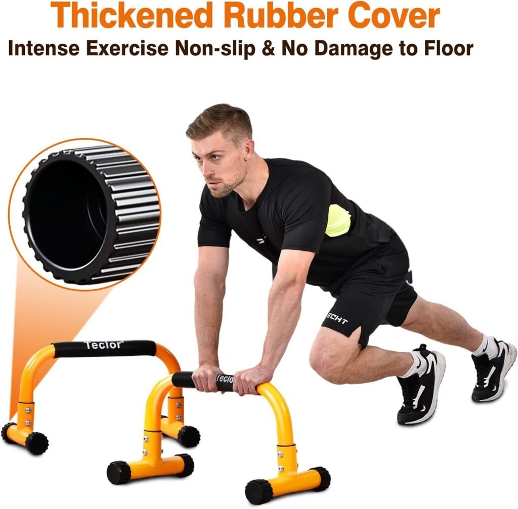 Teclor Steel Push Up Bar, 9.5in High Parallettes Bars Great for L-sit, Handstands, Full Planche  Dips, Heavy-duty No Wobbling Calisthenics Equipment MAX Capacity 660LBS, 1.5in Dia Save Wrist  Great Grip